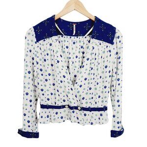 Free People Top, Size S, Wrap Front, Long Sleeve, White/Blue, Smocking, Boho